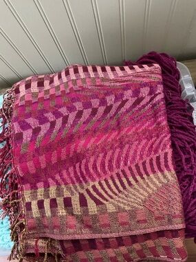 Burgundy Gold Metallic Striped Pashmina Fringe Scarf